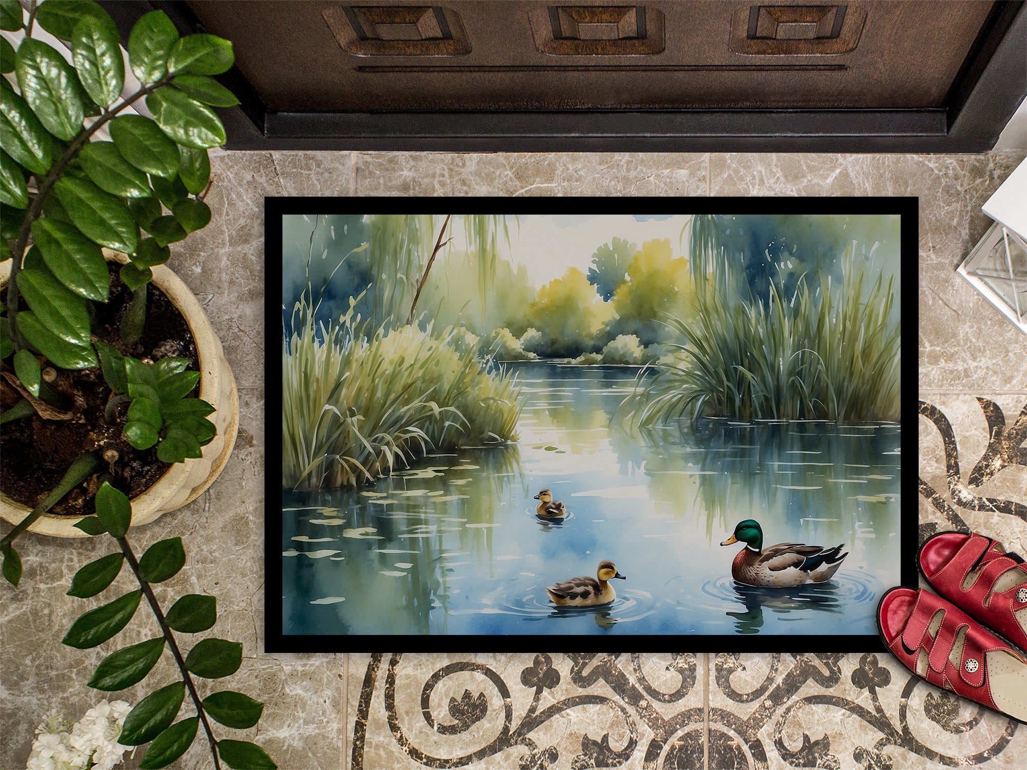 Ducks by the Pond Doormat Indoor Outdoor 24H X 36W Front Door Mat Rugs for Entryway, Non Slip Washable Low Pile,