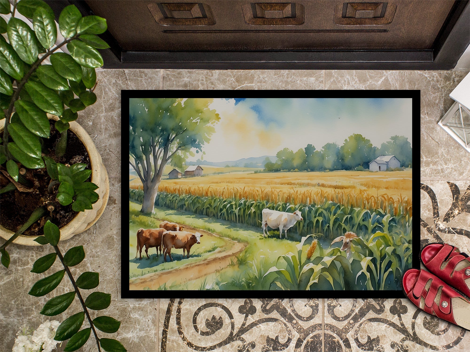 Cows by the Cornfield Doormat Indoor Outdoor 24H X 36W Front Door Mat Rugs for Entryway, Non Slip Washable Low Pile,