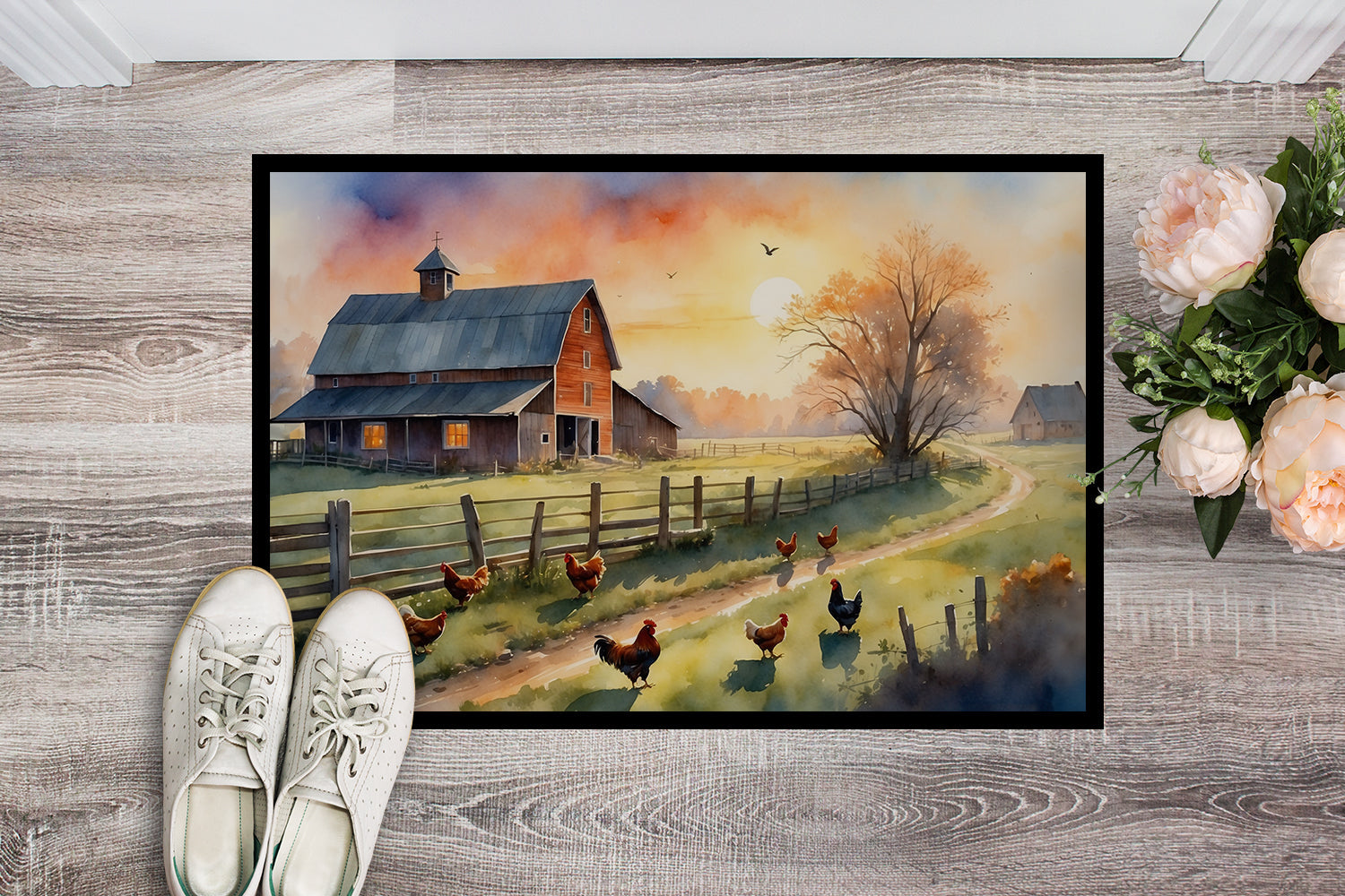 Chicken Farmyard Sunrise Doormat Indoor Outdoor 24H X 36W Front Door Mat Rugs for Entryway, Non Slip Washable Low Pile,