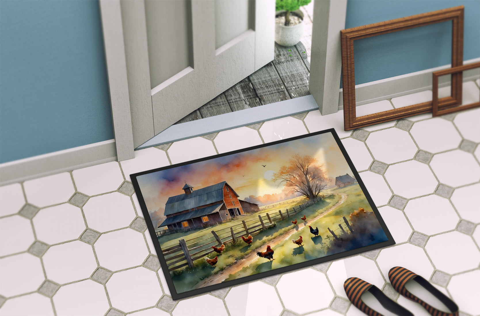 Chicken Farmyard Sunrise Doormat Indoor Outdoor 18H X 27W Front Door Mat Rugs for Entryway, Non Slip Washable
