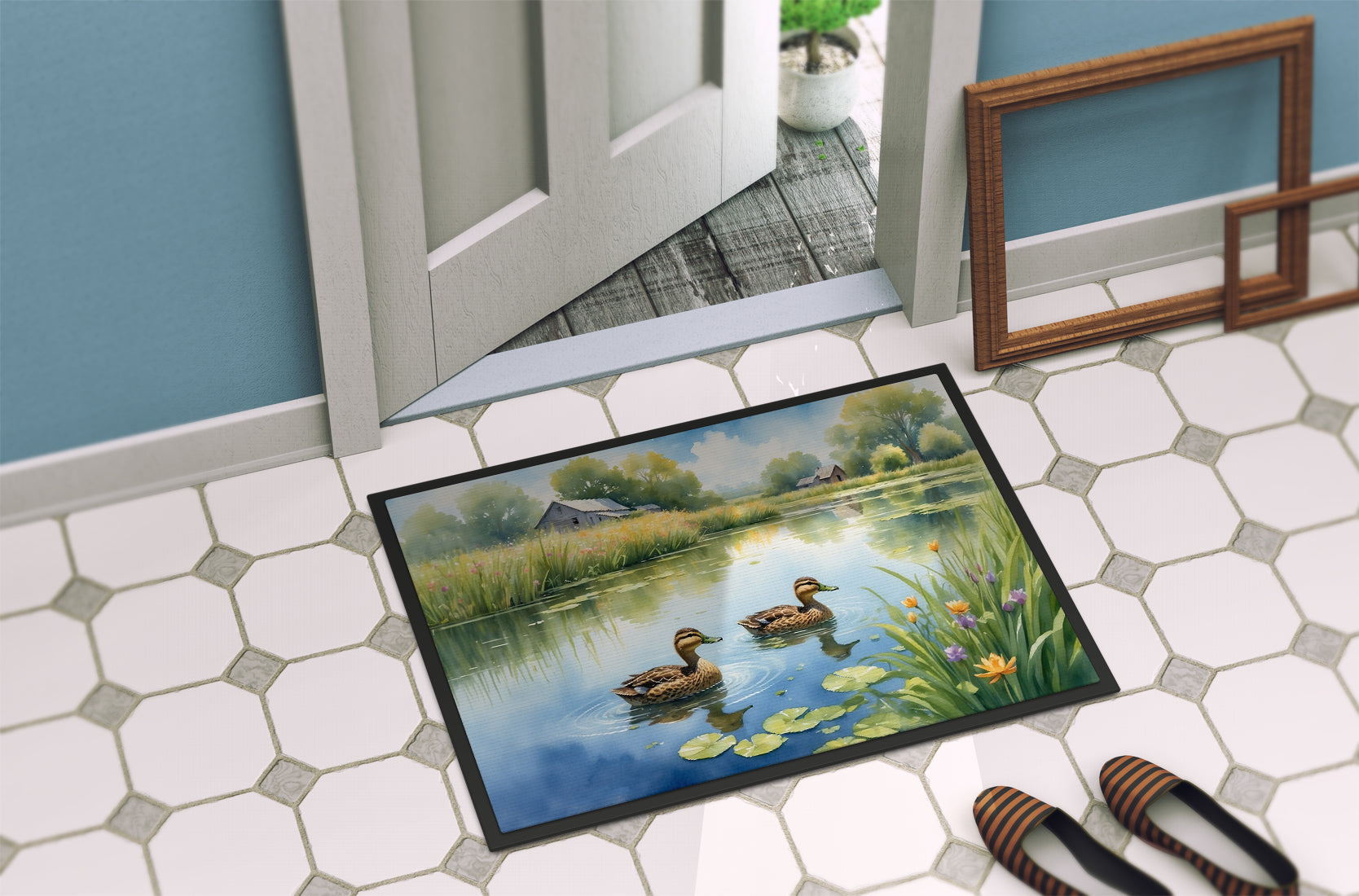 Mother Duck Doormat Indoor Outdoor 24H X 36W Front Door Mat Rugs for Entryway, Non Slip Washable Low Pile,