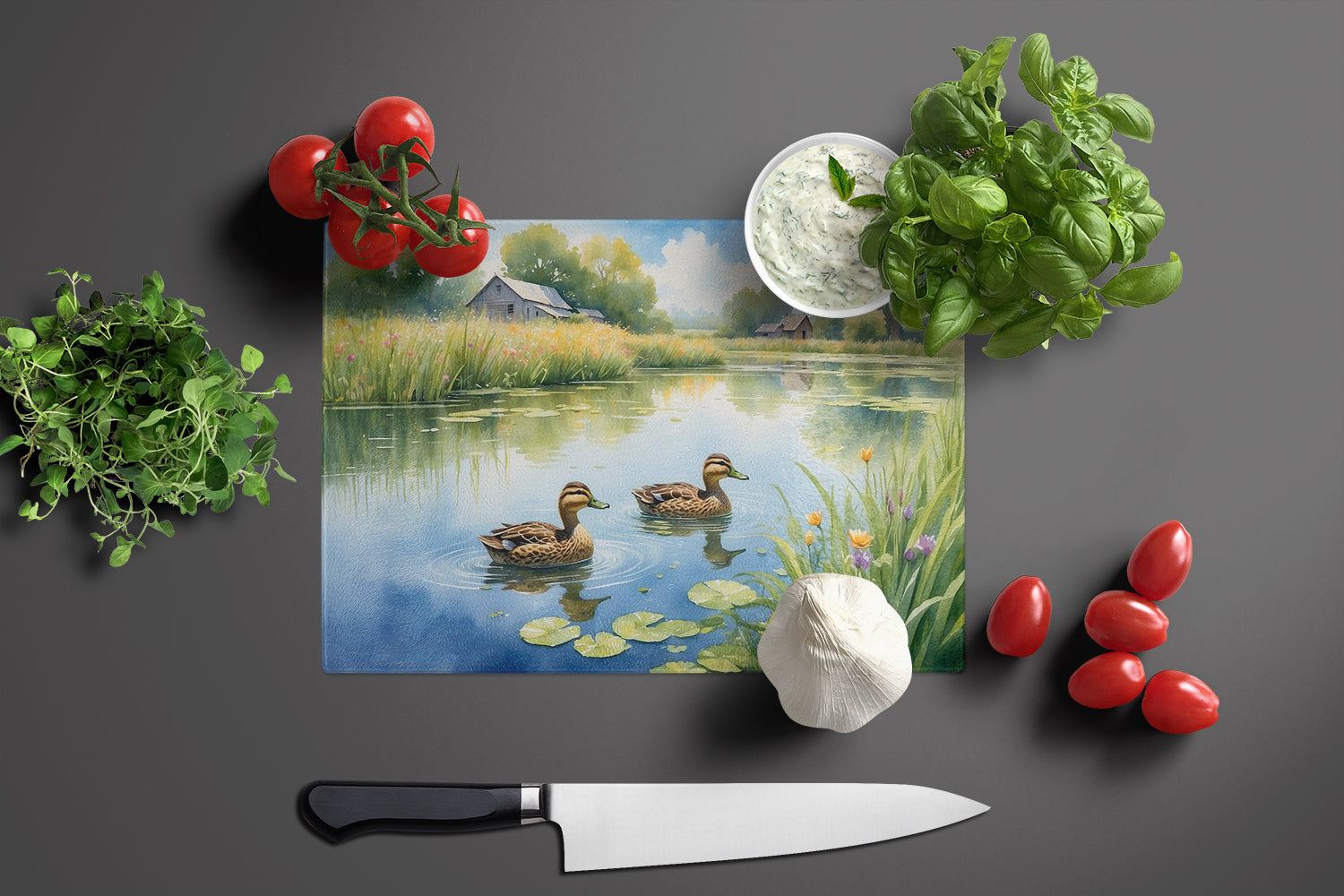 Mother Duck Cutting Board Tempered Glass Kitchen Cutting Surface, Heat Resistant Chopping, Non-Slip Feet, Food Prep & Serving