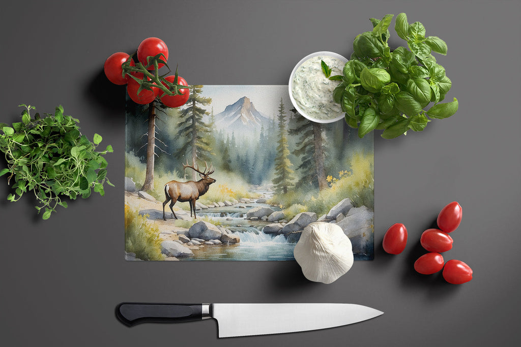 Mountain Stream Elk Cutting Board Tempered Glass Kitchen Cutting Surface, Heat Resistant Chopping, Non-Slip Feet, Food Prep & Serving