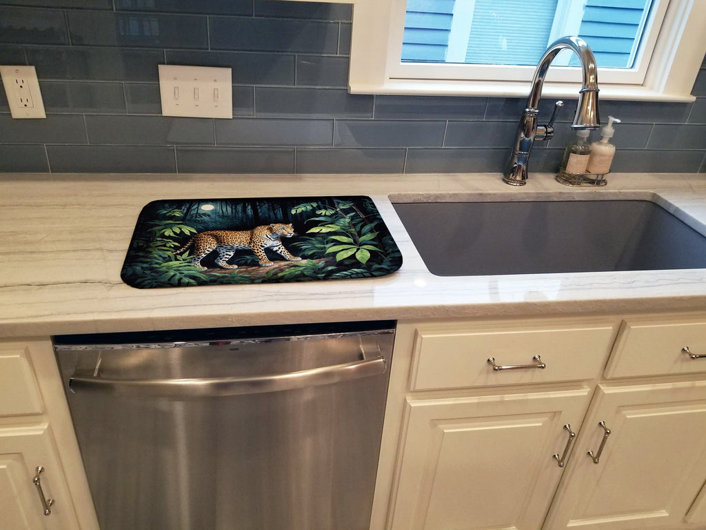 Leopard Nighttime in the Jungle Dish Drying Mat Absorbent Dish Drying Mat Pad for Kitchen Counter Dish Drainer Mat for Countertop, 14 x 21", Multicolor