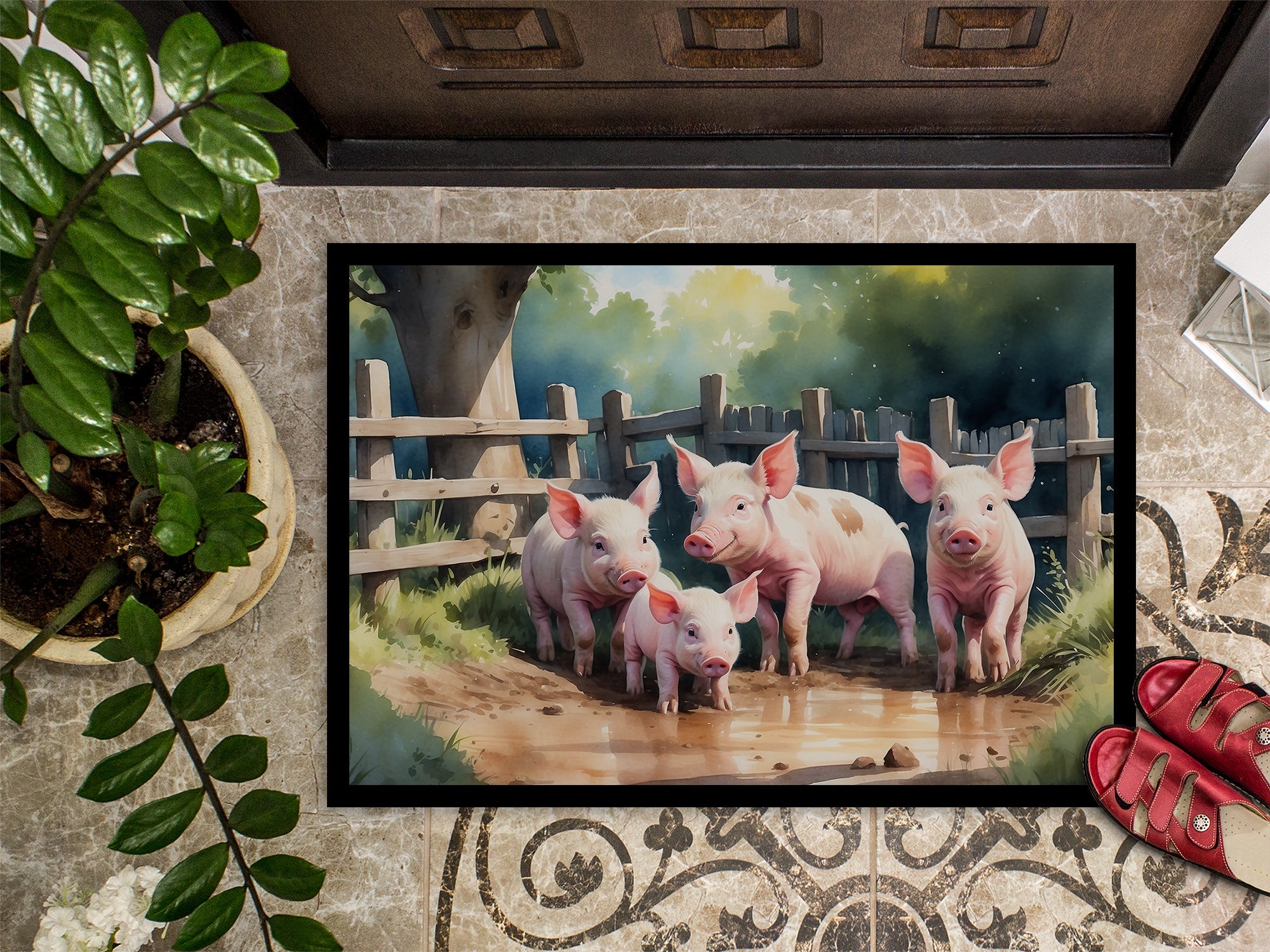 Piglets in the Mud Doormat Indoor Outdoor 24H X 36W Front Door Mat Rugs for Entryway, Non Slip Washable Low Pile,