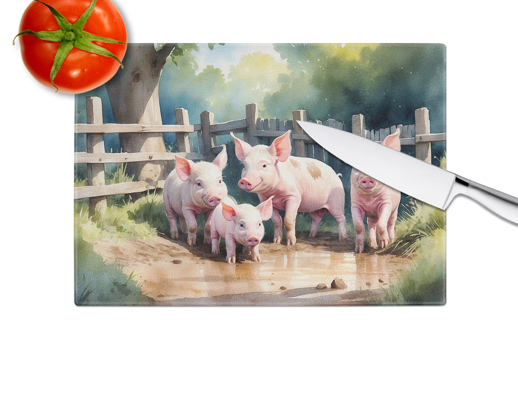 Piglets in the Mud Cutting Board Tempered Glass Kitchen Cutting Surface, Heat Resistant Chopping, Non-Slip Feet, Food Prep & Serving