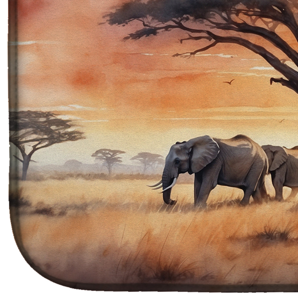 Elephants Savanna Sunrise Dish Drying Mat Absorbent Dish Drying Mat Pad for Kitchen Counter Dish Drainer Mat for Countertop, 14 x 21", Multicolor