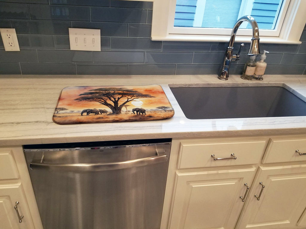 Elephants Savanna Sunrise Dish Drying Mat Absorbent Dish Drying Mat Pad for Kitchen Counter Dish Drainer Mat for Countertop, 14 x 21", Multicolor