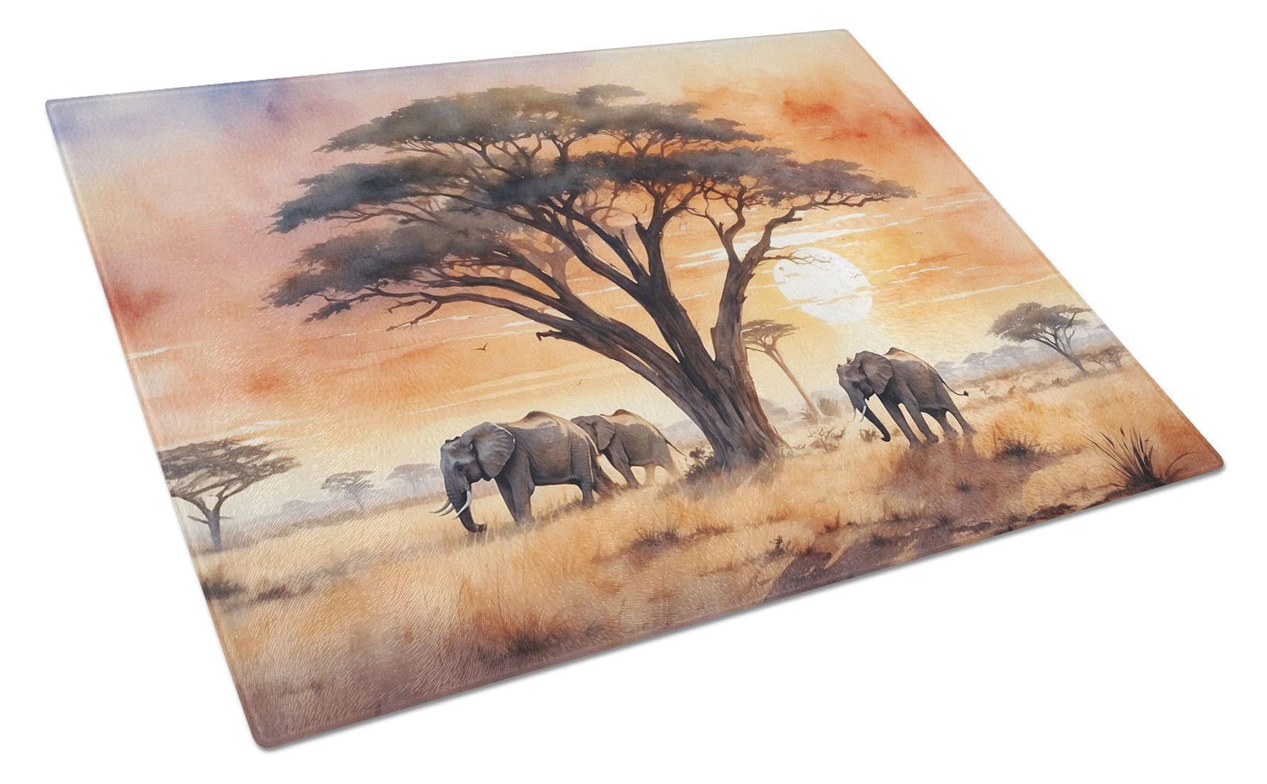 Elephants Savanna Sunrise Cutting Board Tempered Glass Kitchen Cutting Surface, Heat Resistant Chopping, Non-Slip Feet, Food Prep & Serving