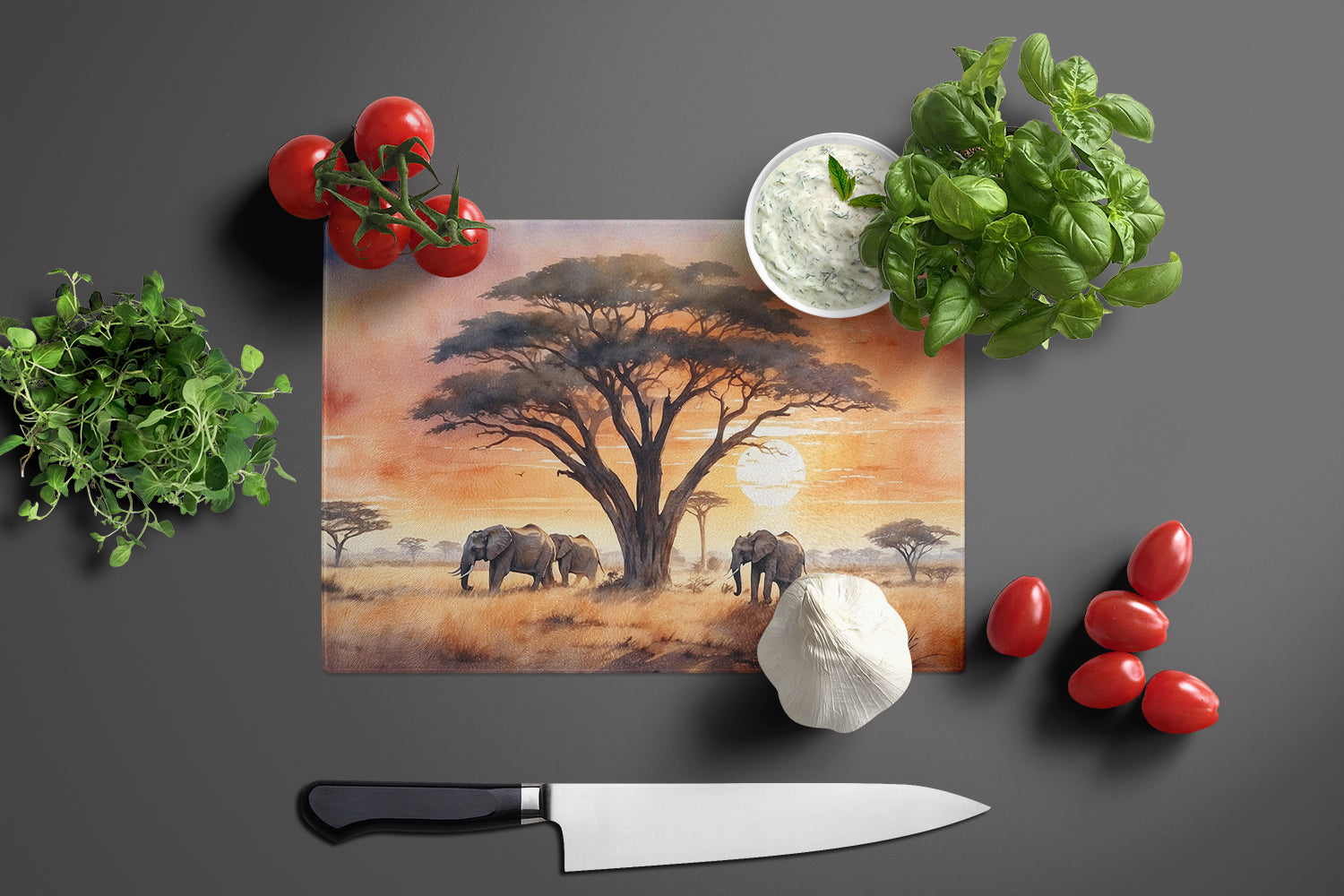 Elephants Savanna Sunrise Cutting Board Tempered Glass Kitchen Cutting Surface, Heat Resistant Chopping, Non-Slip Feet, Food Prep & Serving