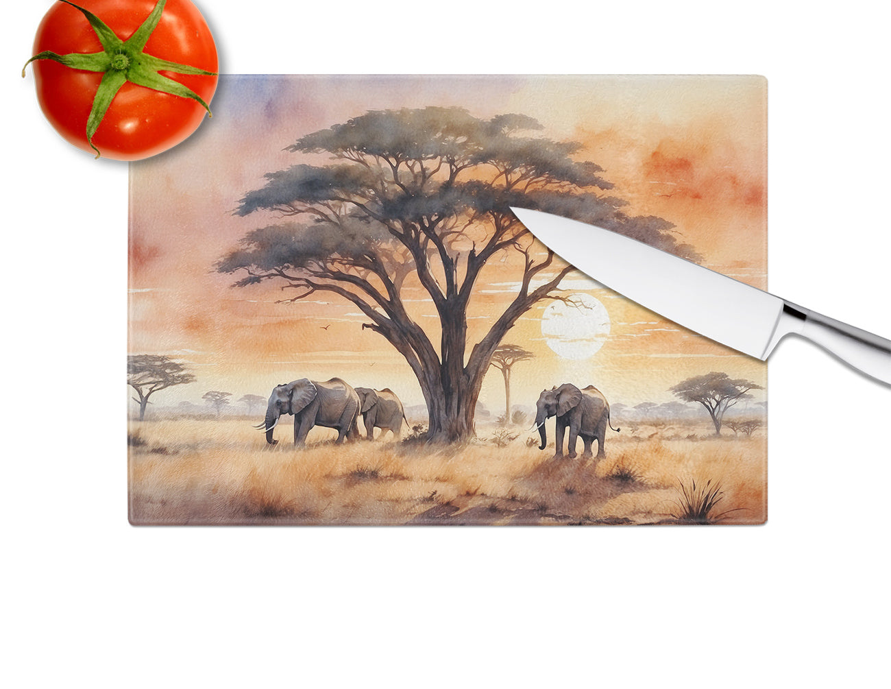 Elephants Savanna Sunrise Cutting Board Tempered Glass Kitchen Cutting Surface, Heat Resistant Chopping, Non-Slip Feet, Food Prep & Serving