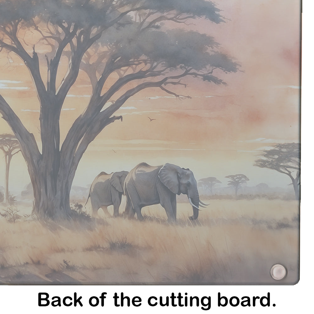 Elephants Savanna Sunrise Cutting Board Tempered Glass Kitchen Cutting Surface, Heat Resistant Chopping, Non-Slip Feet, Food Prep & Serving