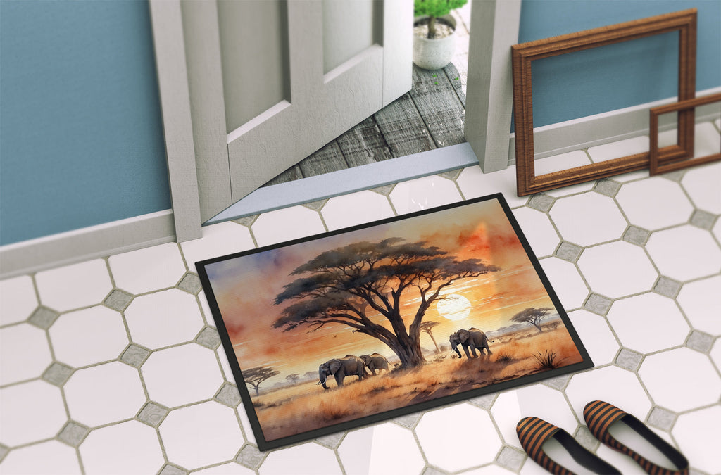 Elephants Savanna Sunrise Doormat Indoor Outdoor 18H X 27W Front Door Mat Rugs for Entryway, Non Slip Washable