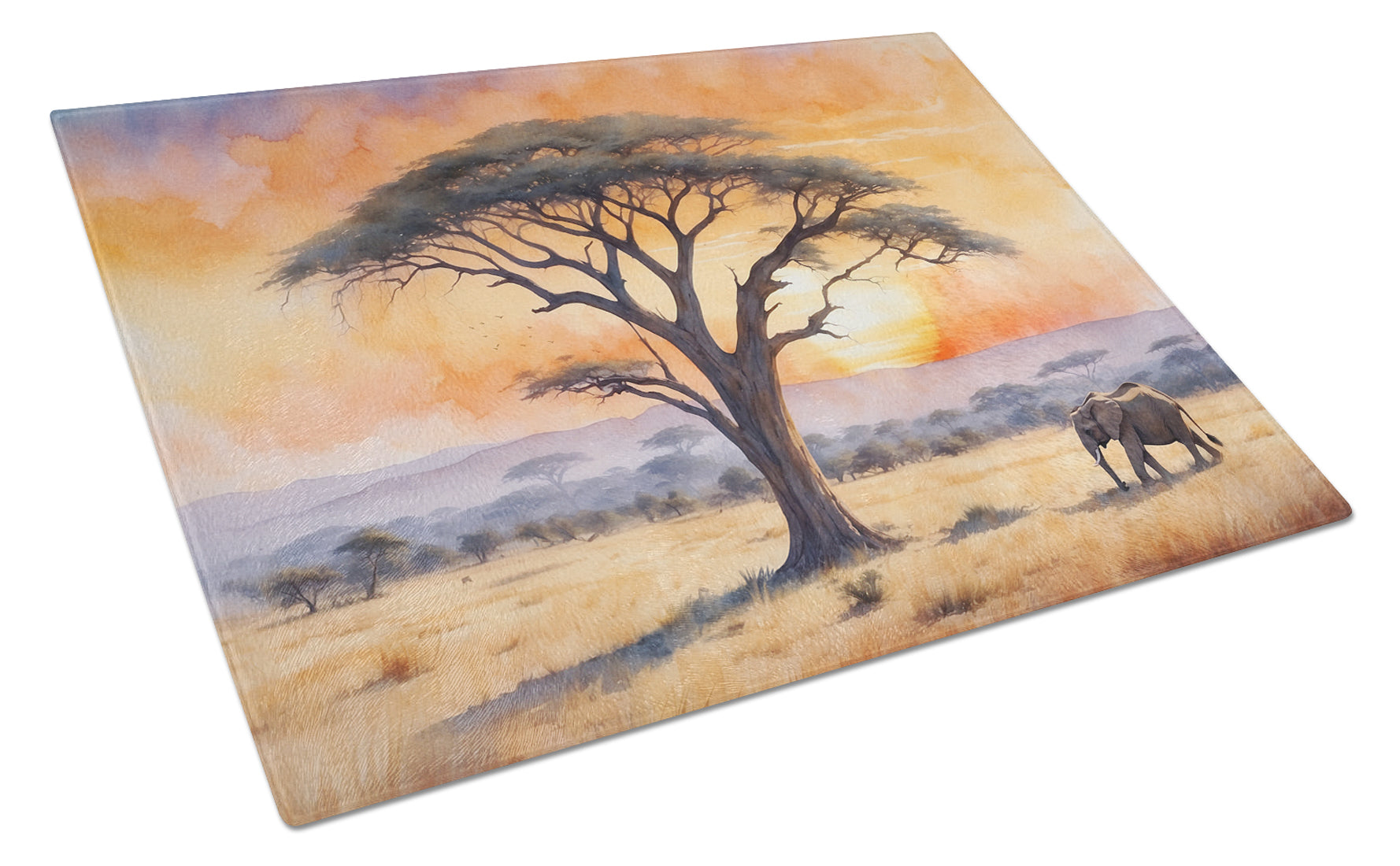 Elephants Savanna Sunrise Cutting Board Tempered Glass Kitchen Cutting Surface, Heat Resistant Chopping, Non-Slip Feet, Food Prep & Serving