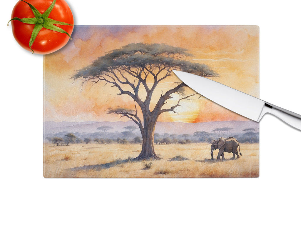 Elephants Savanna Sunrise Cutting Board Tempered Glass Kitchen Cutting Surface, Heat Resistant Chopping, Non-Slip Feet, Food Prep & Serving