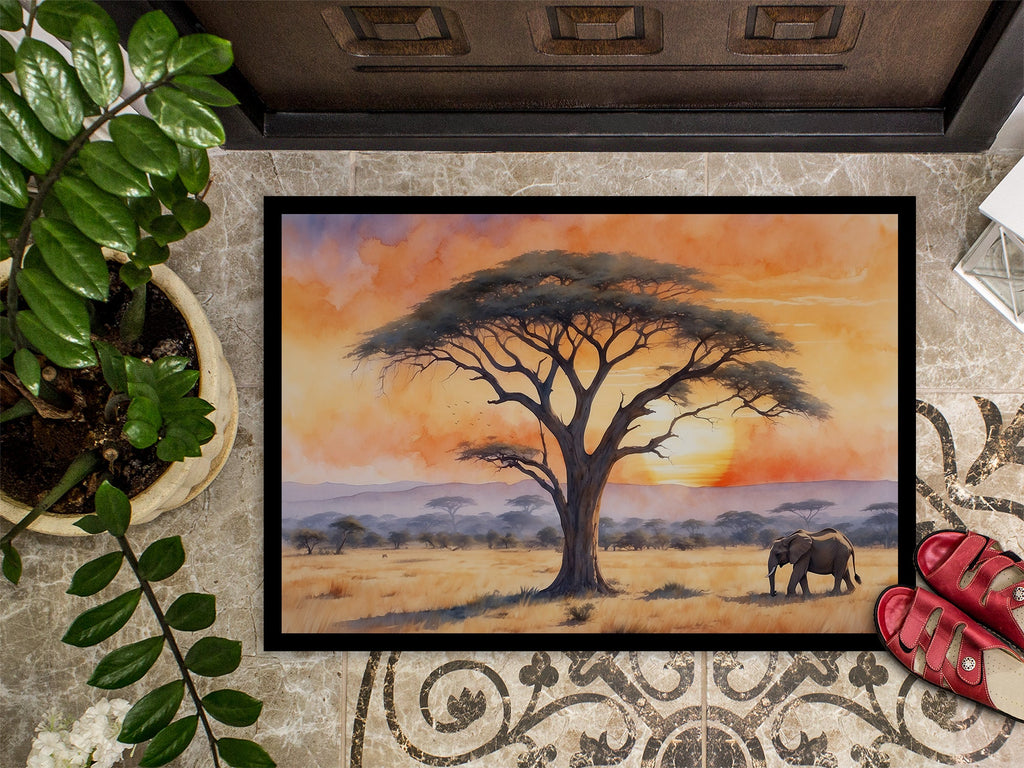 Elephants Savanna Sunrise Doormat Indoor Outdoor 18H X 27W Front Door Mat Rugs for Entryway, Non Slip Washable