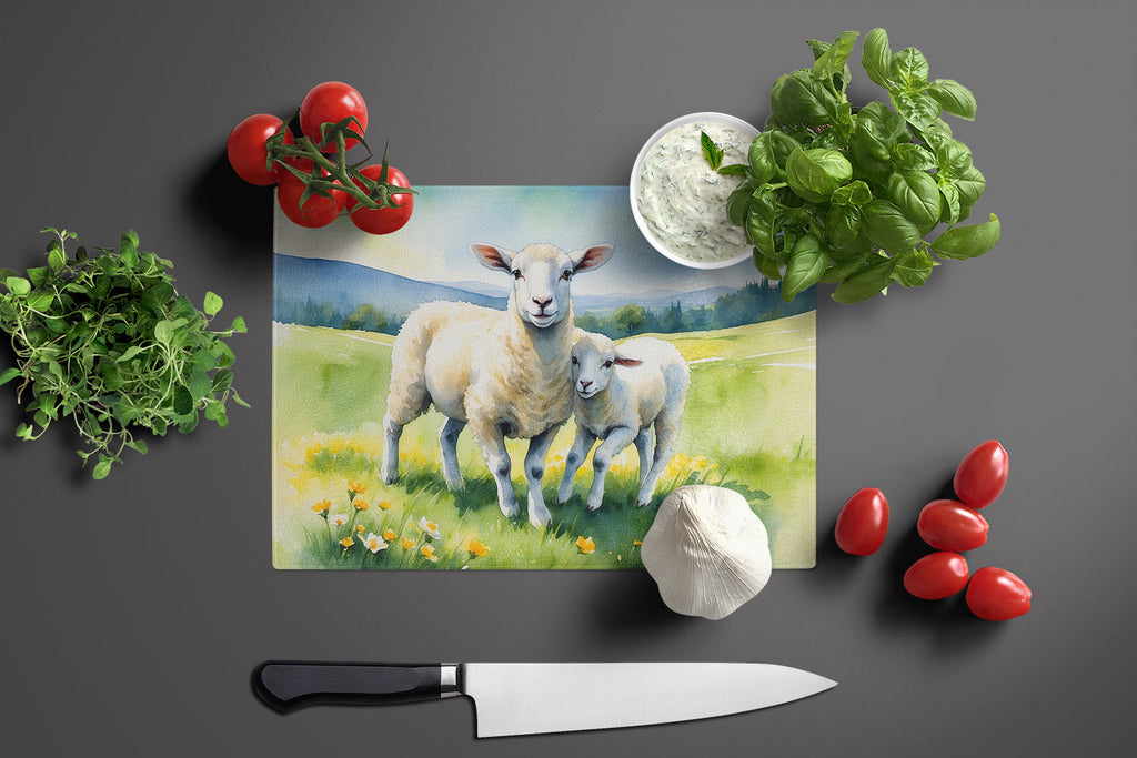 Springtime Lambs Cutting Board Tempered Glass Kitchen Cutting Surface, Heat Resistant Chopping, Non-Slip Feet, Food Prep & Serving