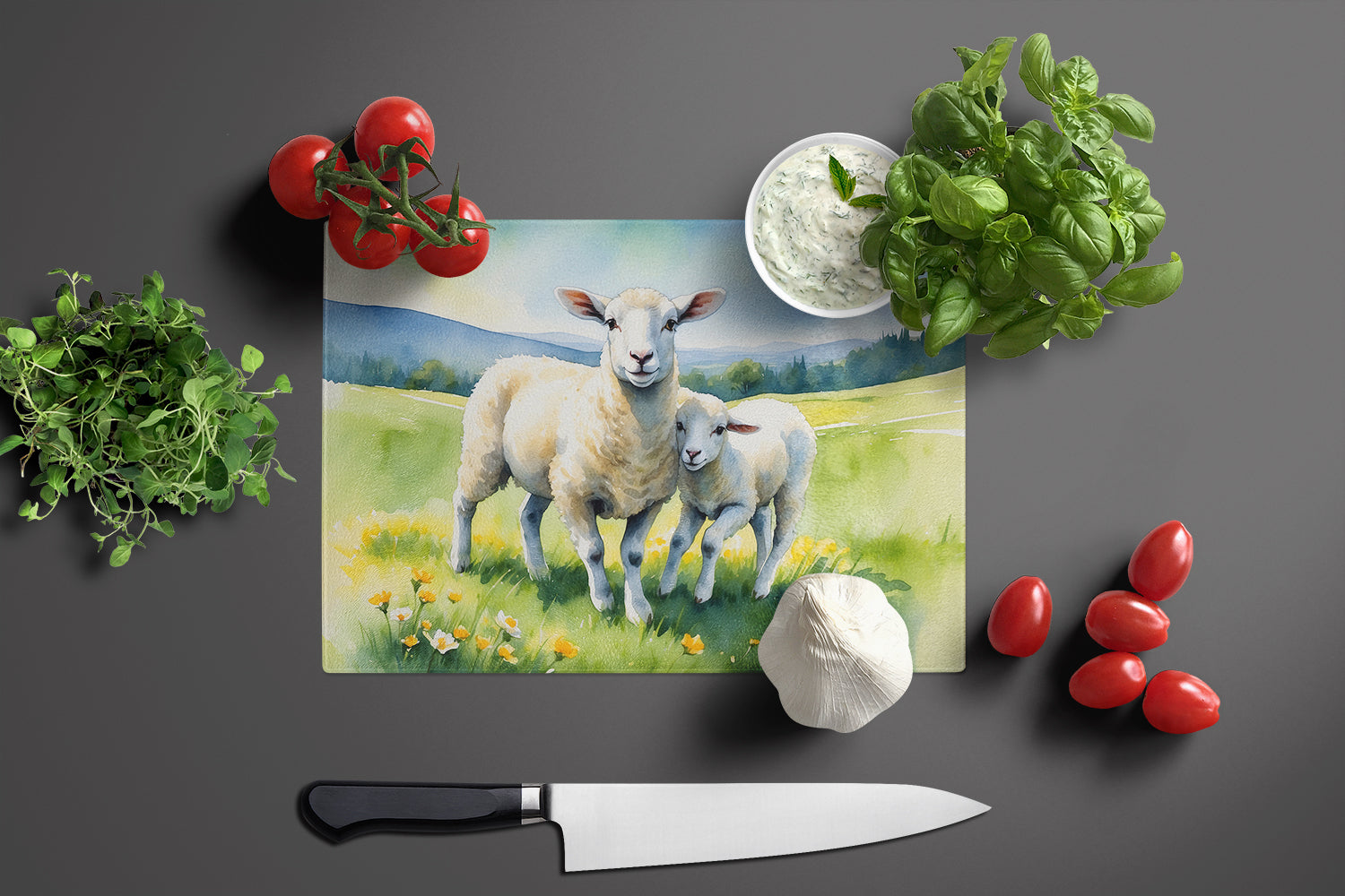 Springtime Lambs Cutting Board Tempered Glass Kitchen Cutting Surface, Heat Resistant Chopping, Non-Slip Feet, Food Prep & Serving