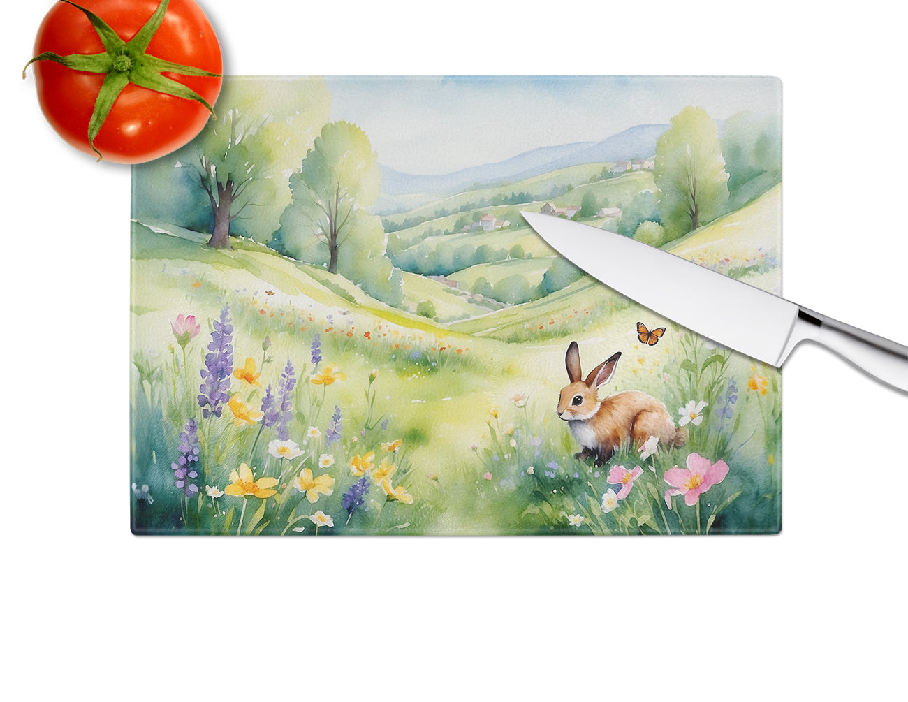 Rabbit Springtime Meadow Cutting Board Tempered Glass Kitchen Cutting Surface, Heat Resistant Chopping, Non-Slip Feet, Food Prep & Serving