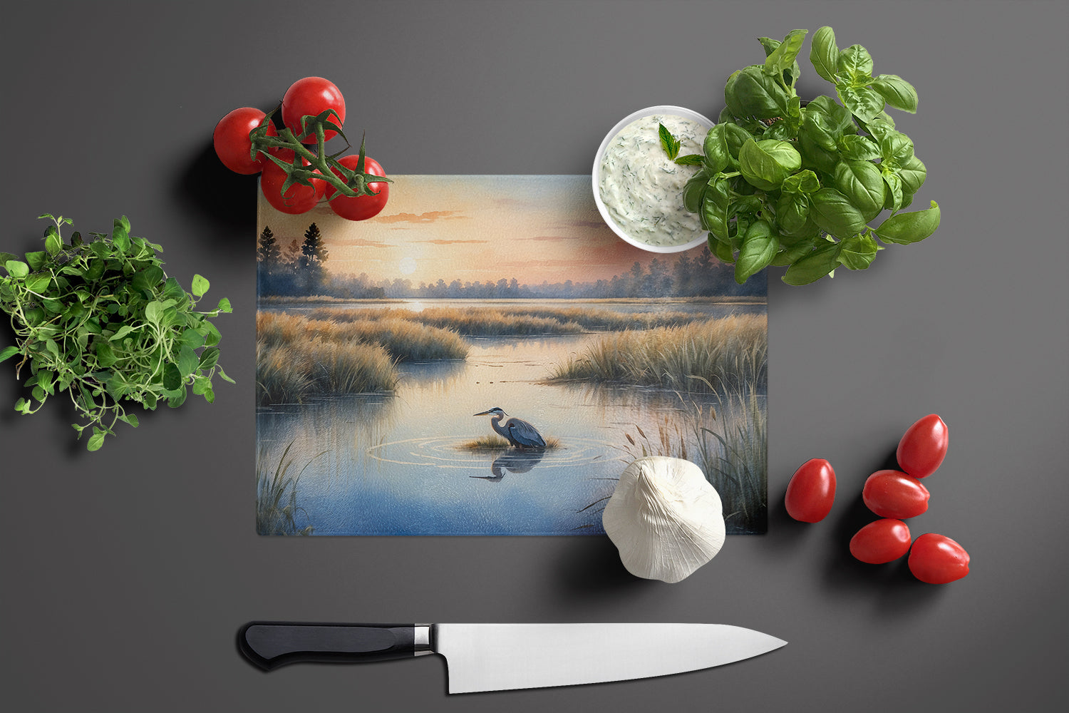Wetland Wonders Blue Heron Cutting Board Tempered Glass Kitchen Cutting Surface, Heat Resistant Chopping, Non-Slip Feet, Food Prep & Serving