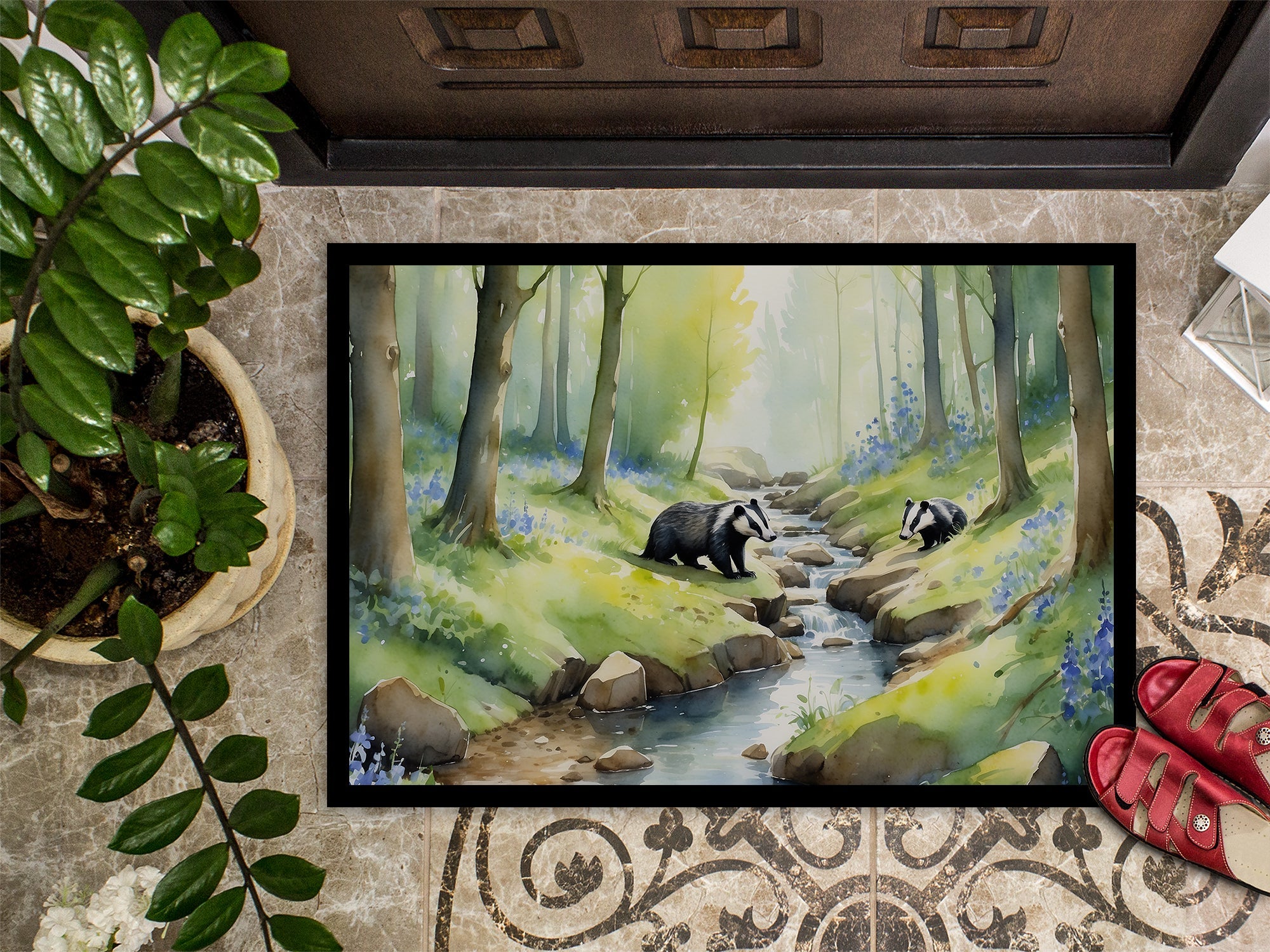 Woodland Spring Badgers Doormat Indoor Outdoor 18H X 27W Front Door Mat Rugs for Entryway, Non Slip Washable