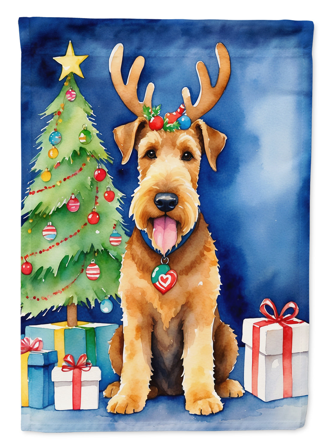 Airedale Terrier Christmas Reindeer House Flag 28x40 Porch Sleeve Pole Decorative Outside Yard Banner Artwork Wall Hanging, Polyester