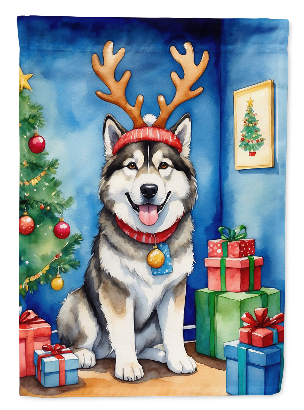 Alaskan Malamute Christmas Reindeer House Flag 28x40 Porch Sleeve Pole Decorative Outside Yard Banner Artwork Wall Hanging, Polyester
