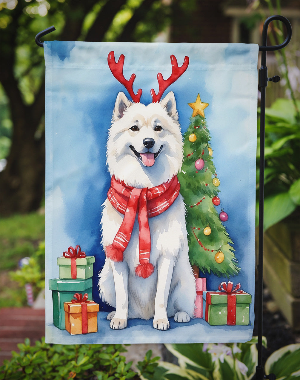 American Eskimo Christmas Reindeer Garden Flag Mailbox Decorative Yard Banner Outside Patio Artwork for Flower Beds, Garden Size, Multicolor