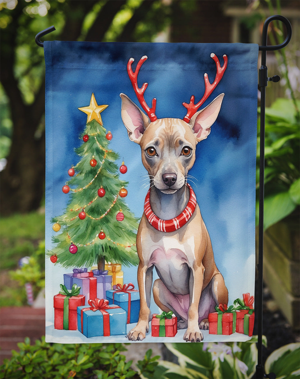 American Hairless Terrier Christmas Reindeer Garden Flag Mailbox Decorative Yard Banner Outside Patio Artwork for Flower Beds, Garden Size, Multicolor