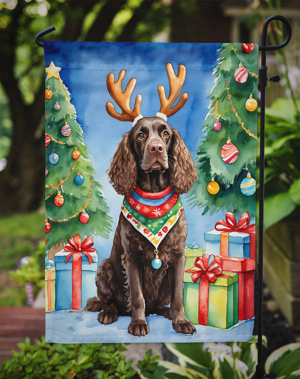 American Water Spaniel Christmas Reindeer Garden Flag Mailbox Decorative Yard Banner Outside Patio Artwork for Flower Beds, Garden Size, Multicolor