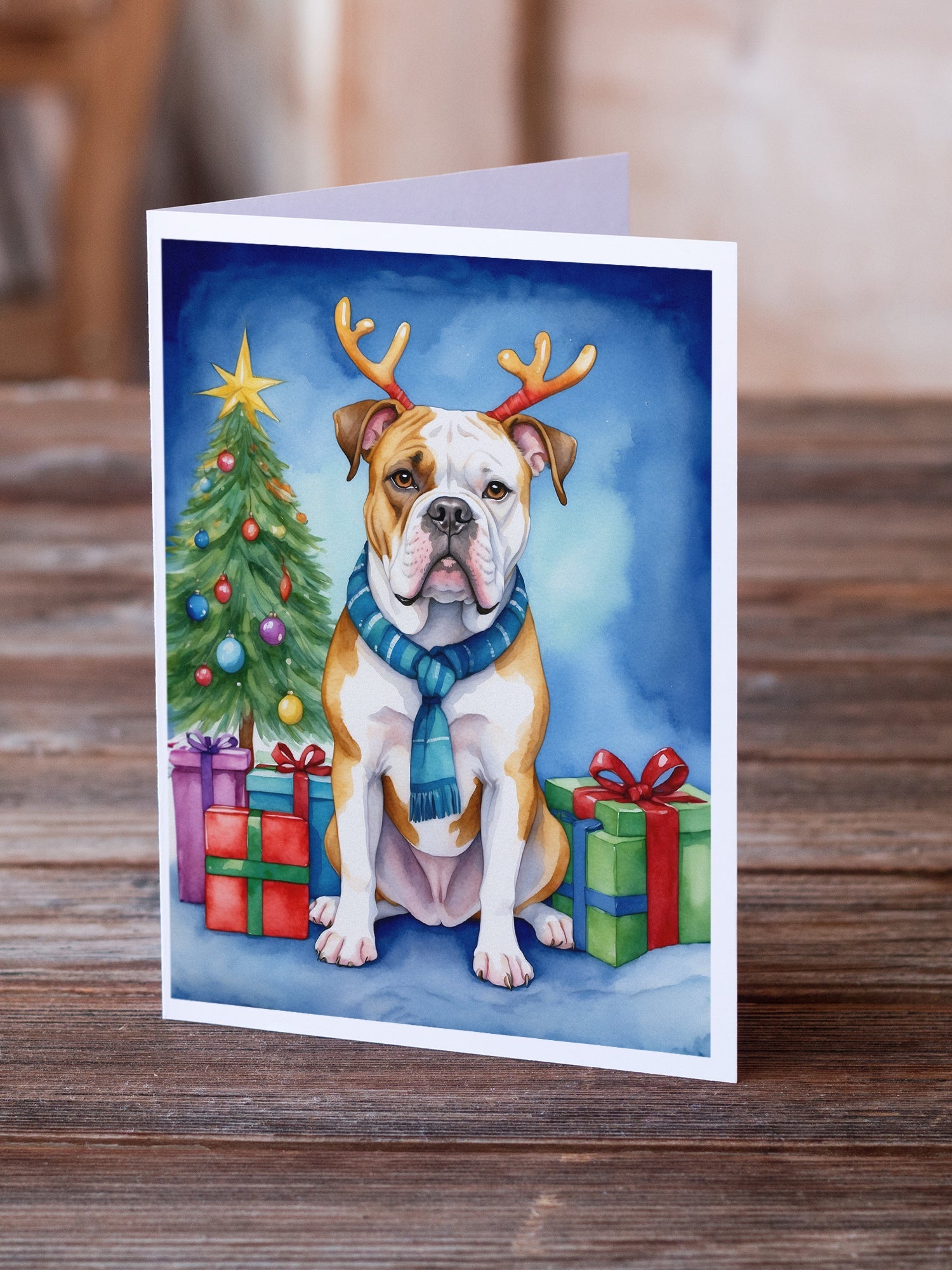 American Bulldog Christmas Reindeer Greeting Cards Pack of 8 Blank Cards with Envelopes Whimsical A7 Size 5x7