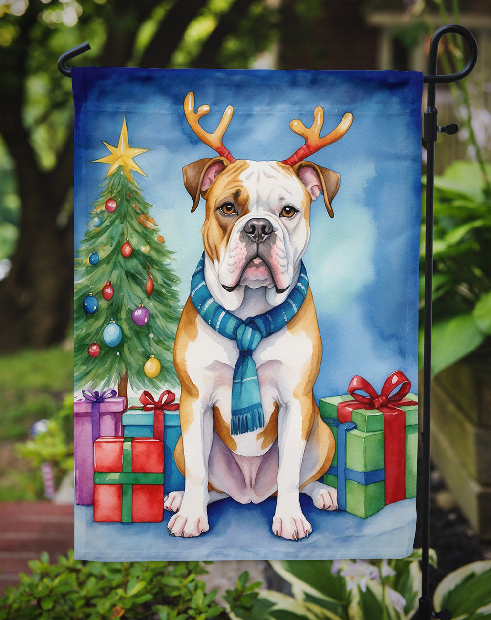 American Bulldog Christmas Reindeer Garden Flag Mailbox Decorative Yard Banner Outside Patio Artwork for Flower Beds, Garden Size, Multicolor