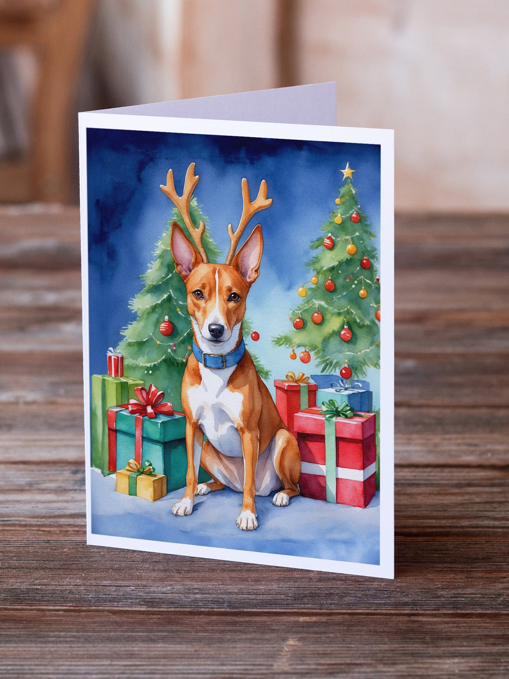 Basenji Christmas Reindeer Greeting Cards Pack of 8 Blank Cards with Envelopes Whimsical A7 Size 5x7
