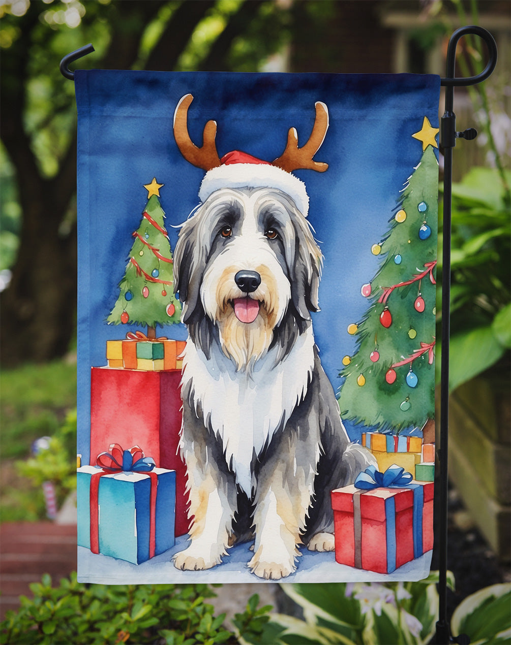 Bearded Collie Christmas Reindeer Garden Flag Mailbox Decorative Yard Banner Outside Patio Artwork for Flower Beds, Garden Size, Multicolor
