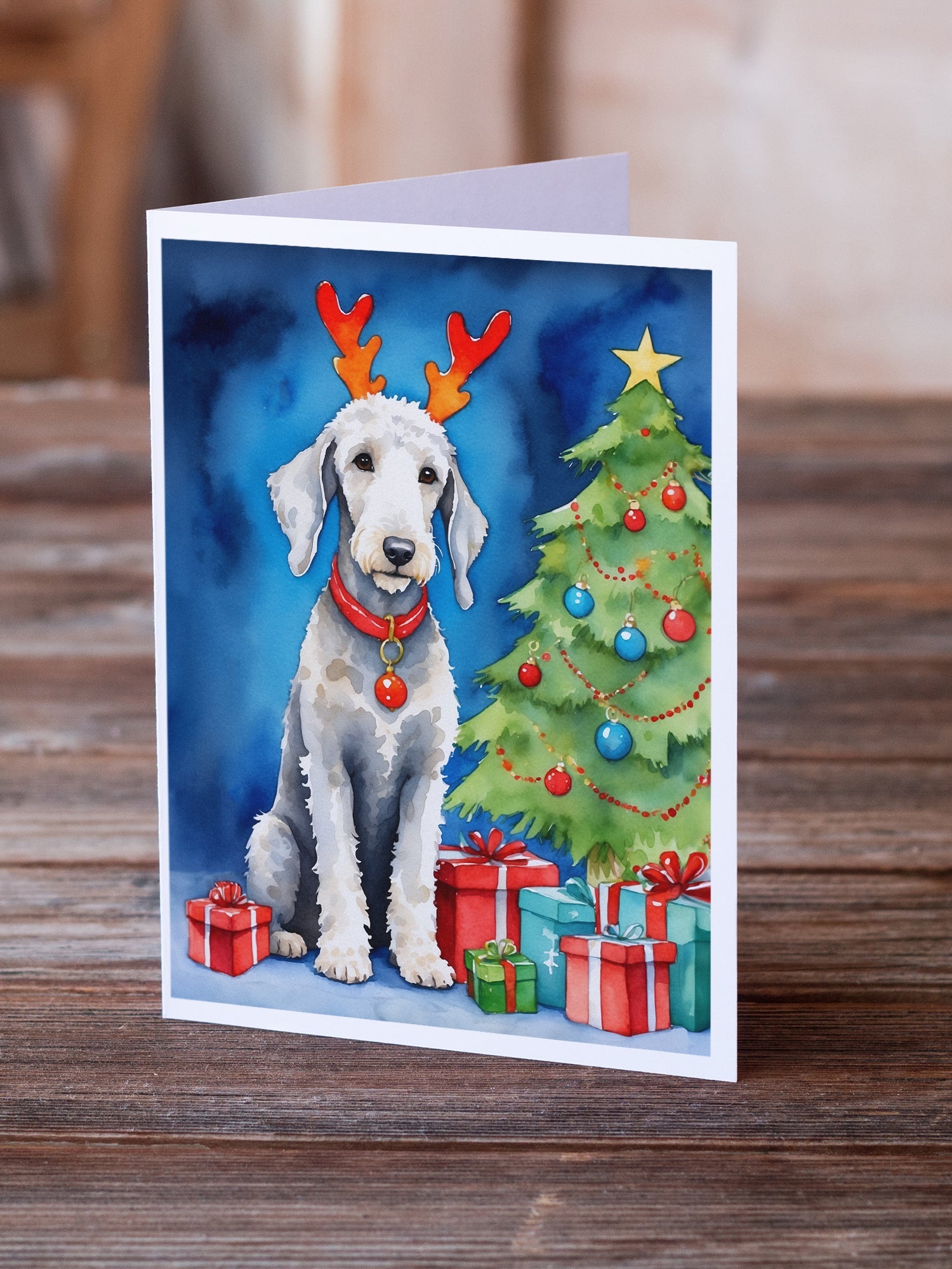 Bedlington Terrier Christmas Reindeer Greeting Cards Pack of 8 Blank Cards with Envelopes Whimsical A7 Size 5x7