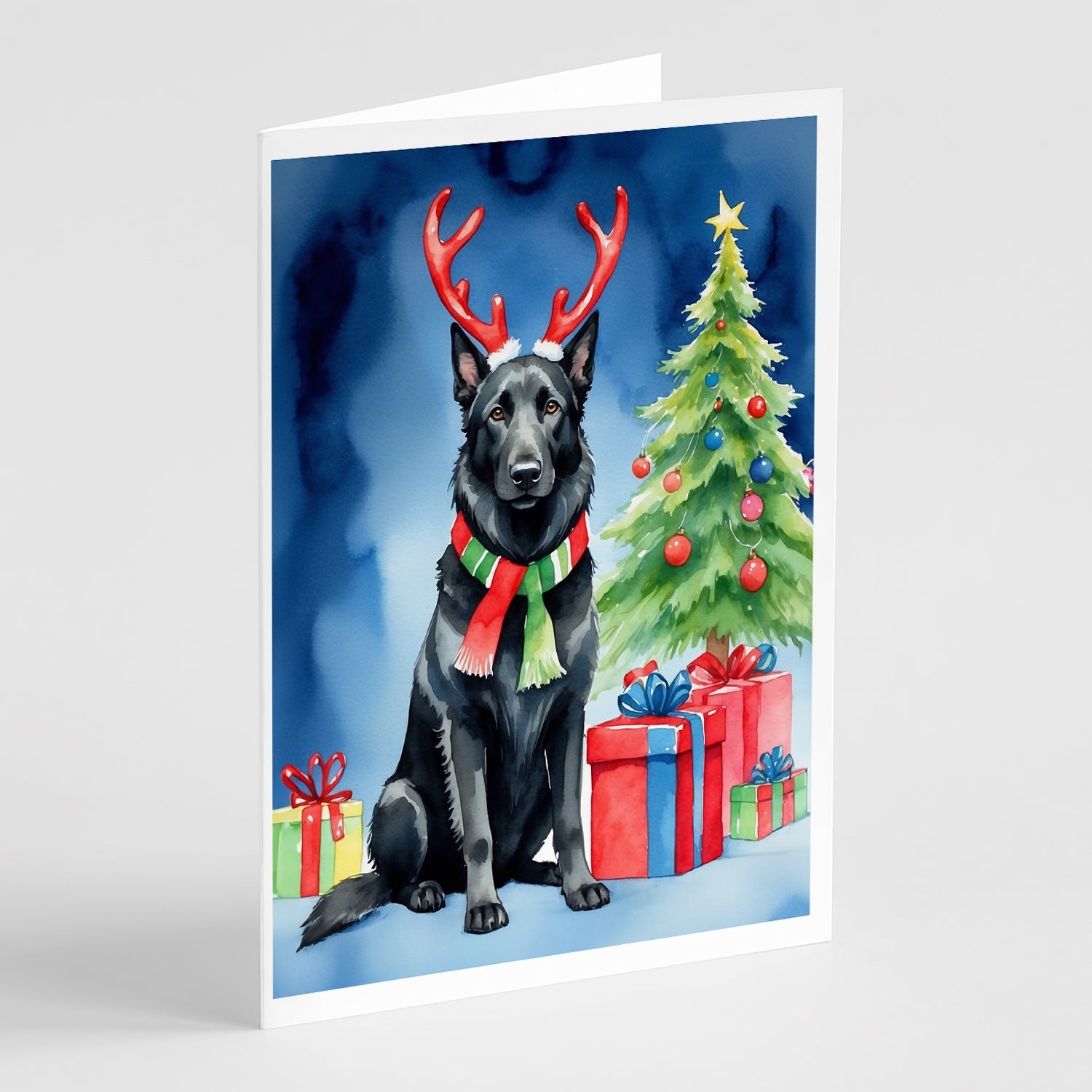 Belgian Sheepdog Christmas Reindeer Greeting Cards Pack of 8 Blank Cards with Envelopes Whimsical A7 Size 5x7