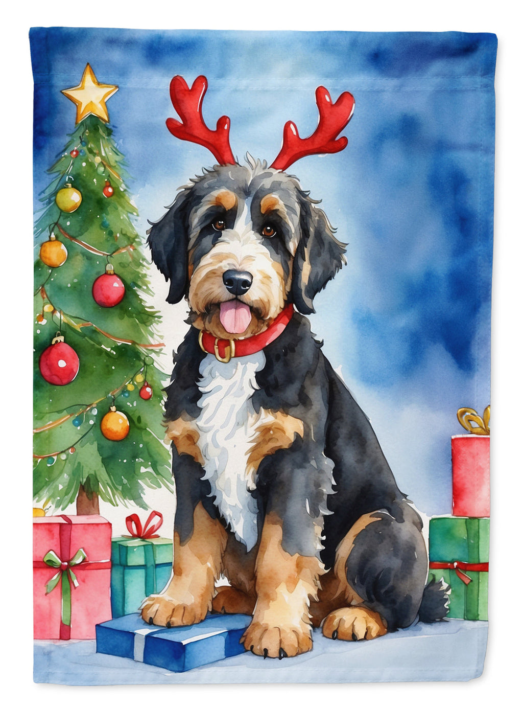 Bernedoodle Christmas Reindeer House Flag 28x40 Porch Sleeve Pole Decorative Outside Yard Banner Artwork Wall Hanging, Polyester
