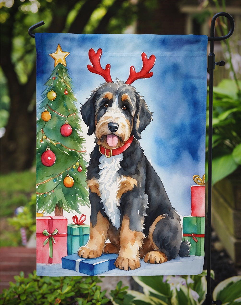 Bernedoodle Christmas Reindeer Garden Flag Mailbox Decorative Yard Banner Outside Patio Artwork for Flower Beds, Garden Size, Multicolor