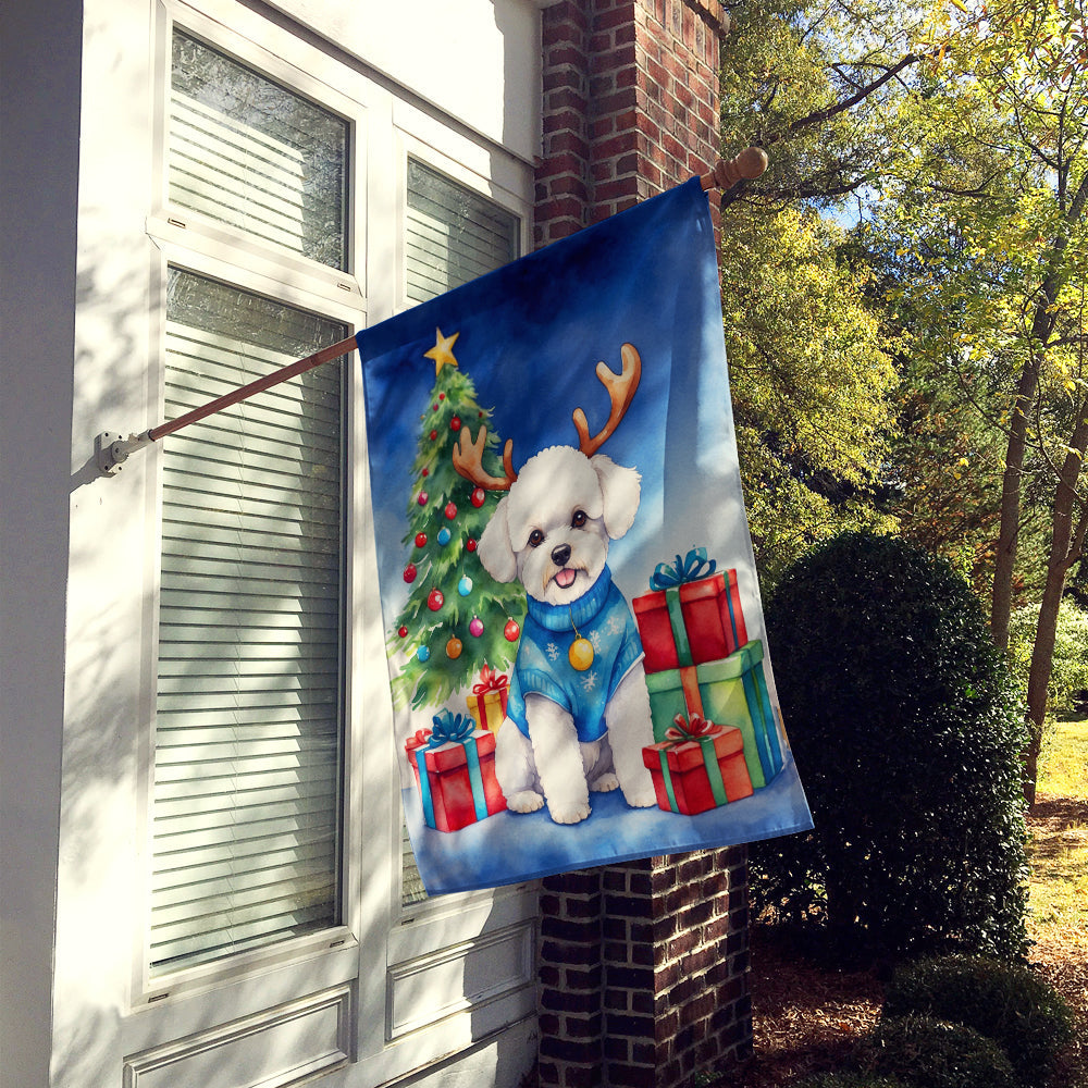 Bichon Frise Christmas Reindeer House Flag 28x40 Porch Sleeve Pole Decorative Outside Yard Banner Artwork Wall Hanging, Polyester