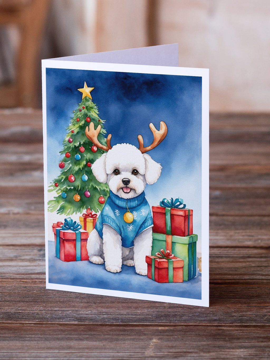 Bichon Frise Christmas Reindeer Greeting Cards Pack of 8 Blank Cards with Envelopes Whimsical A7 Size 5x7
