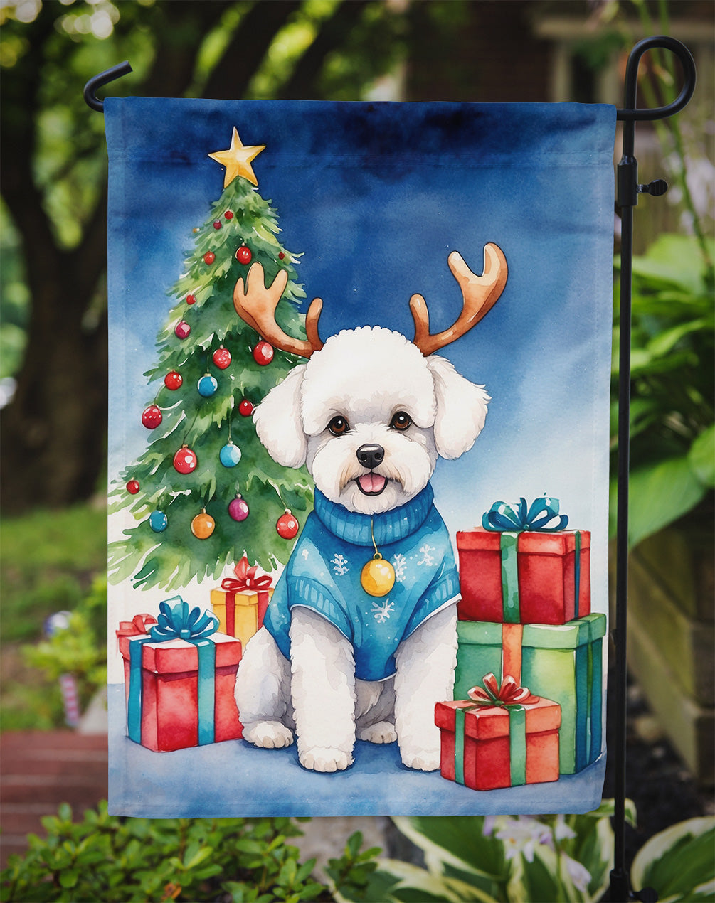Bichon Frise Christmas Reindeer Garden Flag Mailbox Decorative Yard Banner Outside Patio Artwork for Flower Beds, Garden Size, Multicolor