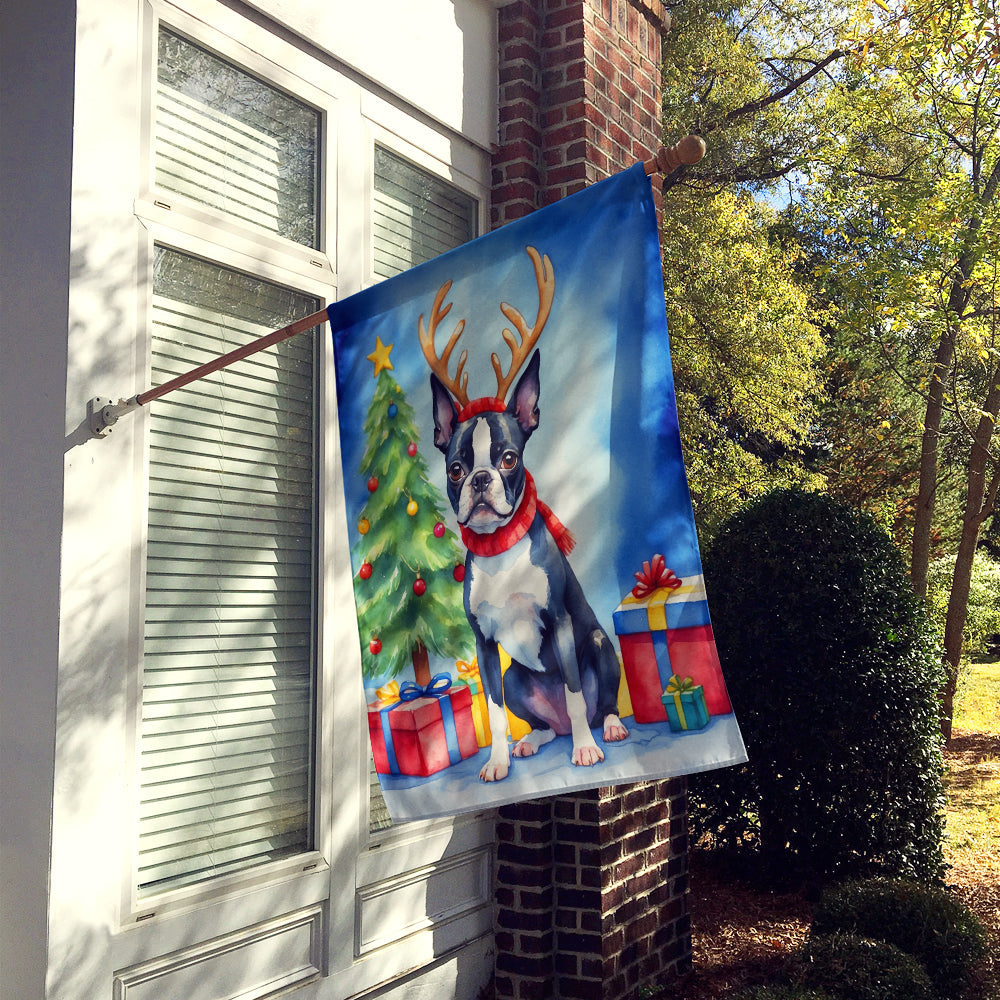 Boston Terrier Christmas Reindeer House Flag 28x40 Porch Sleeve Pole Decorative Outside Yard Banner Artwork Wall Hanging, Polyester