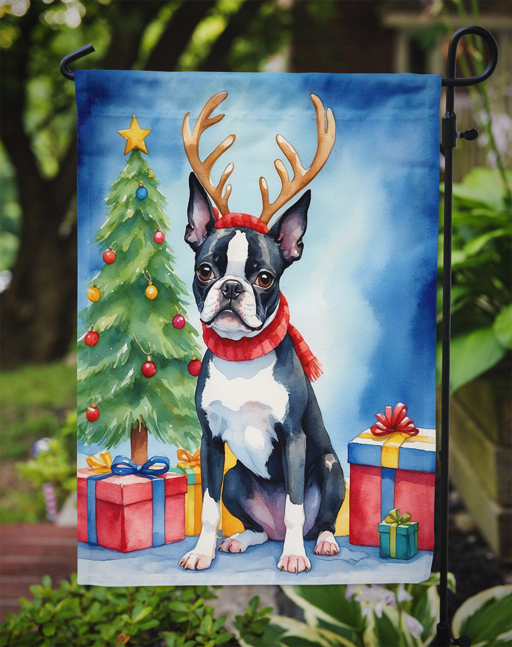 Boston Terrier Christmas Reindeer Garden Flag Mailbox Decorative Yard Banner Outside Patio Artwork for Flower Beds, Garden Size, Multicolor