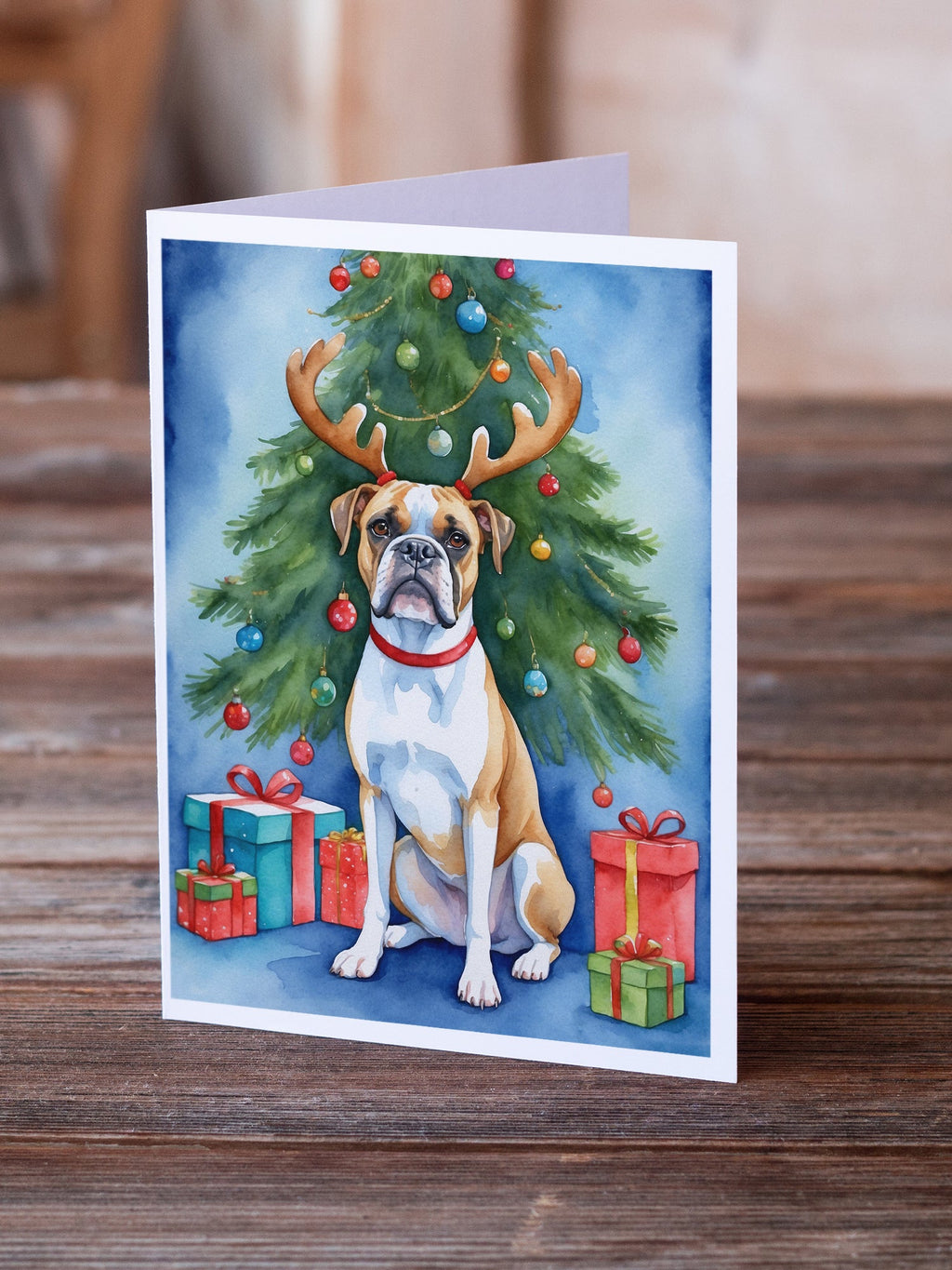 White Boxer Christmas Reindeer Greeting Cards Pack of 8 Blank Cards with Envelopes Whimsical A7 Size 5x7