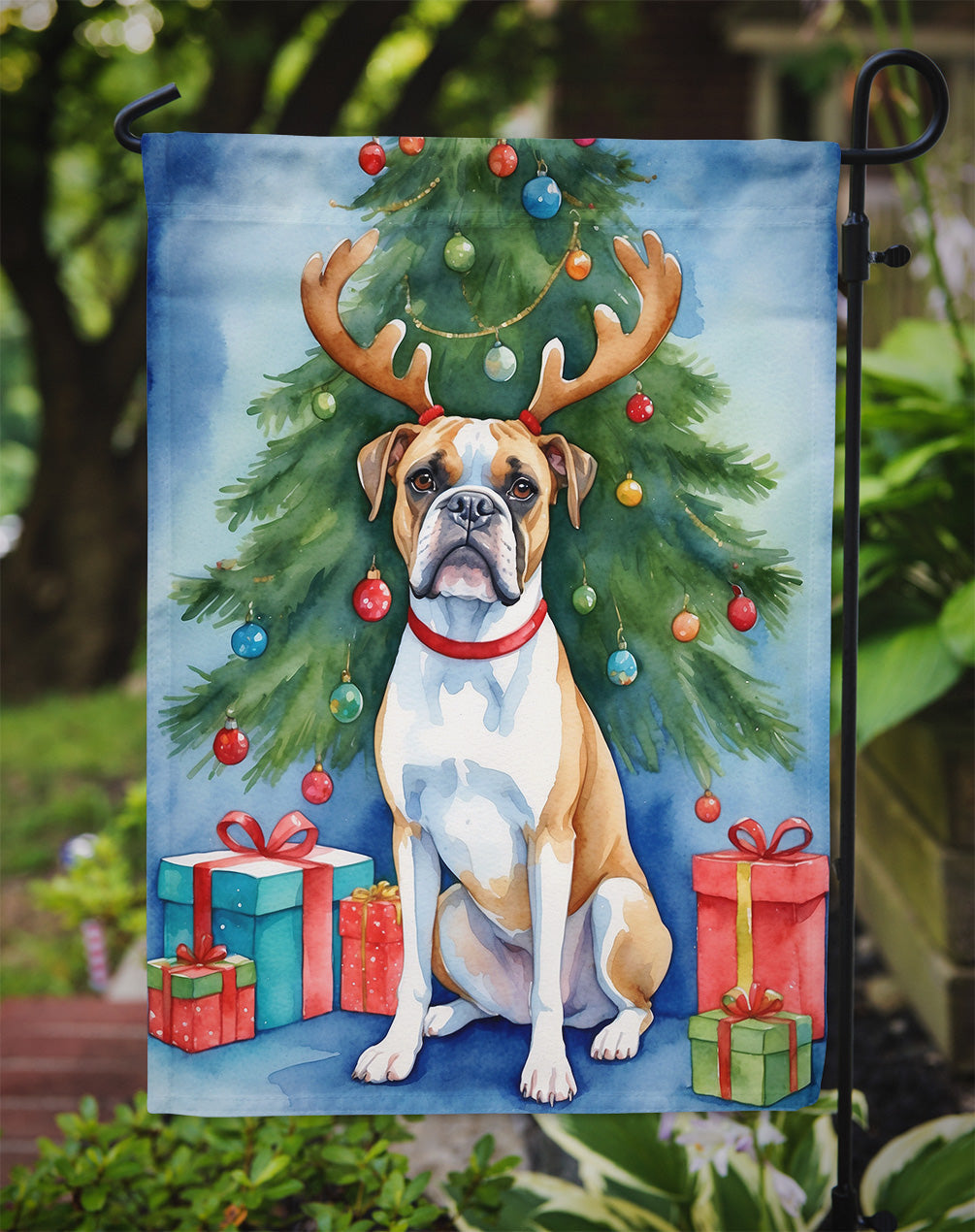 White Boxer Christmas Reindeer Garden Flag Mailbox Decorative Yard Banner Outside Patio Artwork for Flower Beds, Garden Size, Multicolor