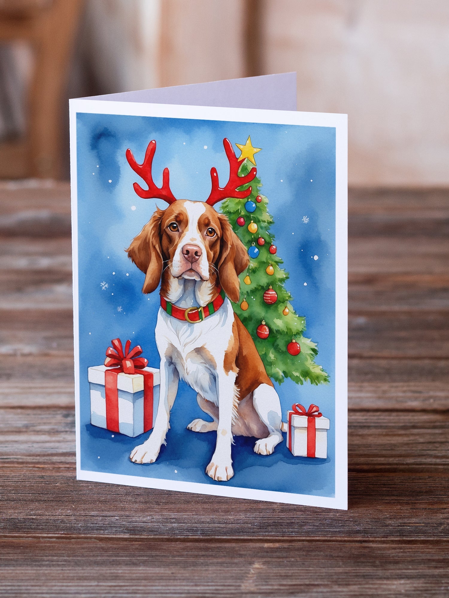 Brittany Spaniel Christmas Reindeer Greeting Cards Pack of 8 Blank Cards with Envelopes Whimsical A7 Size 5x7