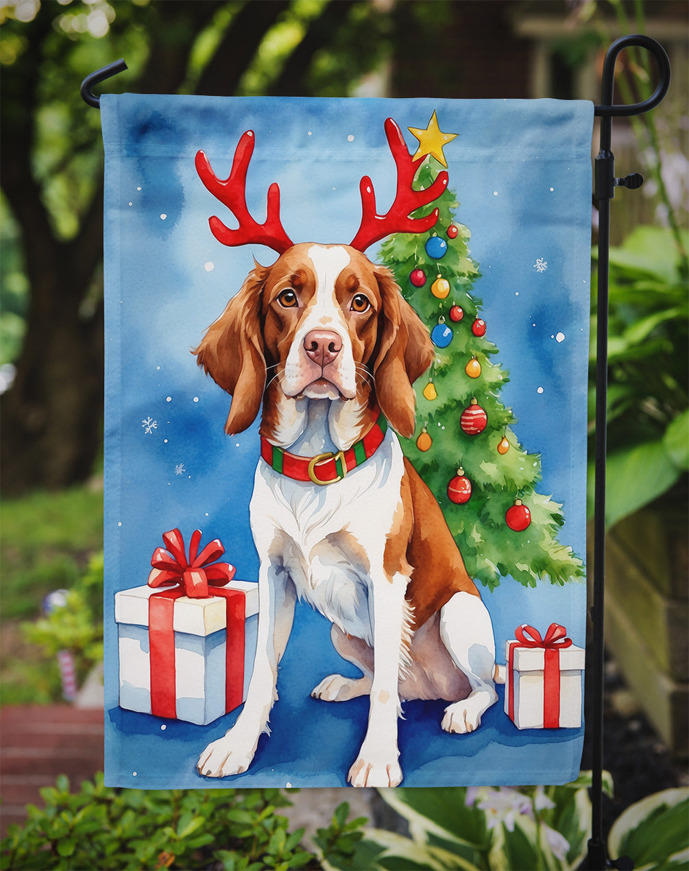 Brittany Spaniel Christmas Reindeer Garden Flag Mailbox Decorative Yard Banner Outside Patio Artwork for Flower Beds, Garden Size, Multicolor