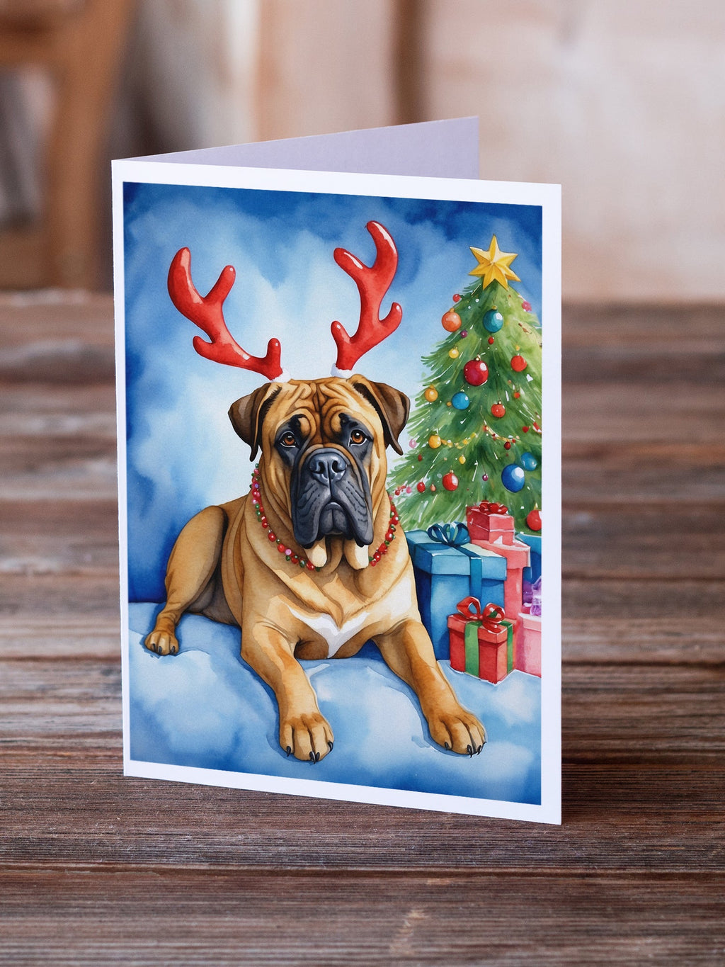 Bullmastiff Christmas Reindeer Greeting Cards Pack of 8 Blank Cards with Envelopes Whimsical A7 Size 5x7