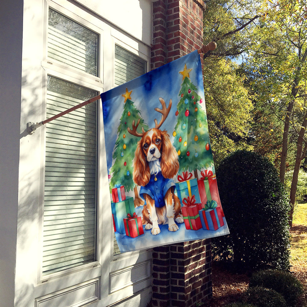 Cavalier Spaniel Christmas Reindeer House Flag 28x40 Porch Sleeve Pole Decorative Outside Yard Banner Artwork Wall Hanging, Polyester