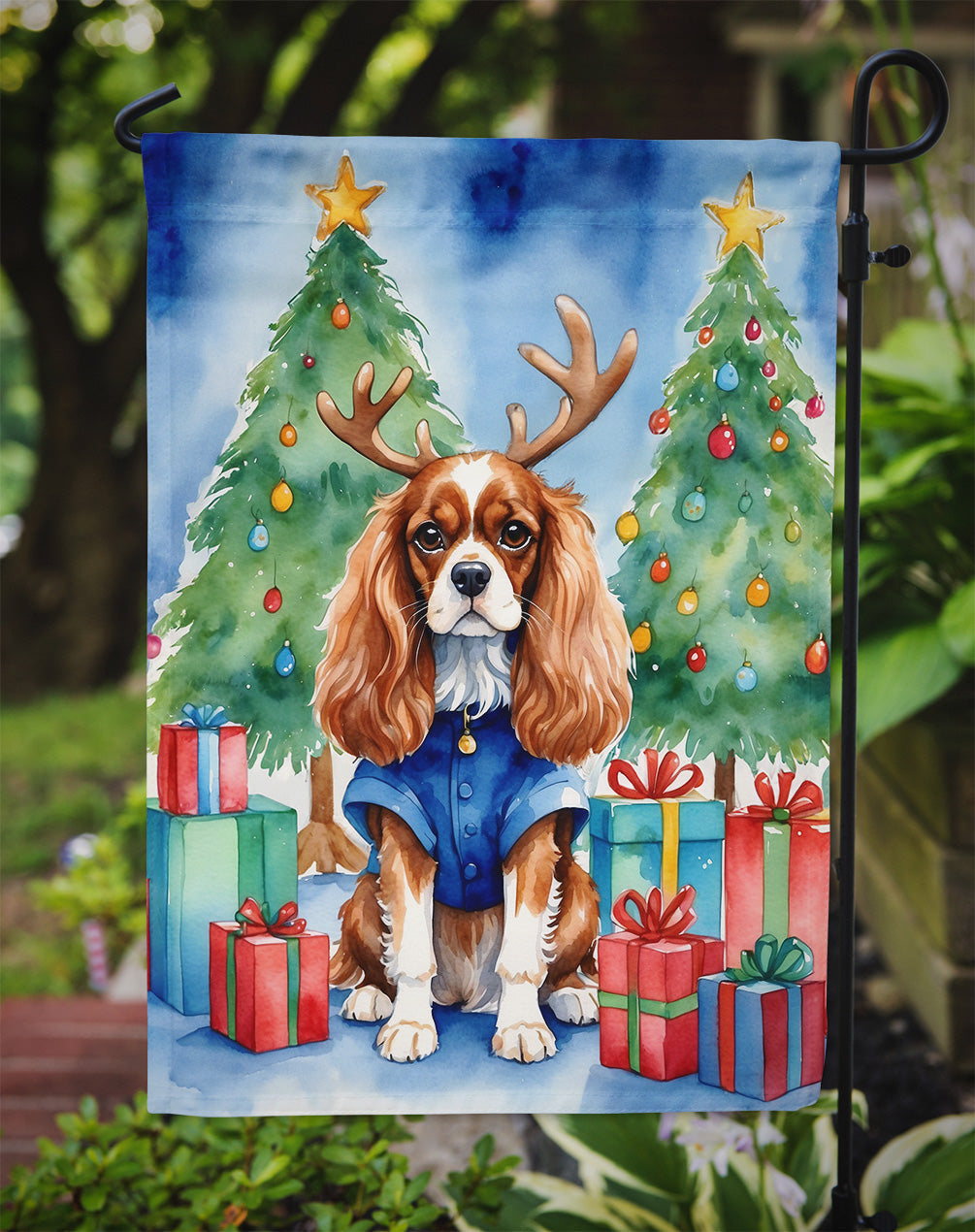 Cavalier Spaniel Christmas Reindeer Garden Flag Mailbox Decorative Yard Banner Outside Patio Artwork for Flower Beds, Garden Size, Multicolor